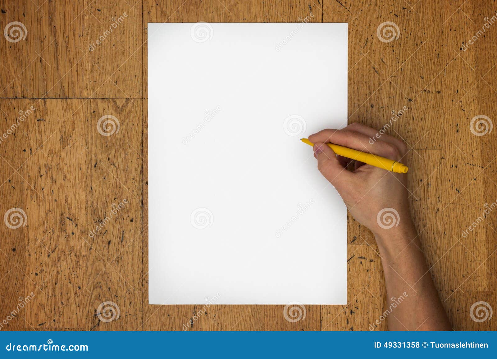 Hand Holding Pen on Blank Paper Sheet on a Table Stock Photo - Image of ...