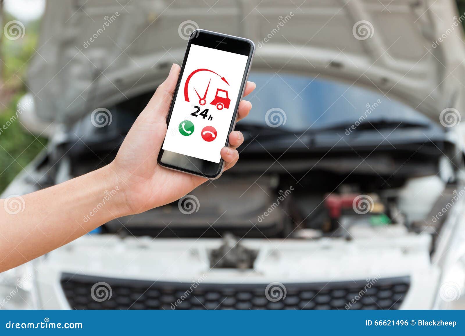 Hand Holding Phone Call Emergency Car Service Application Stock Photo