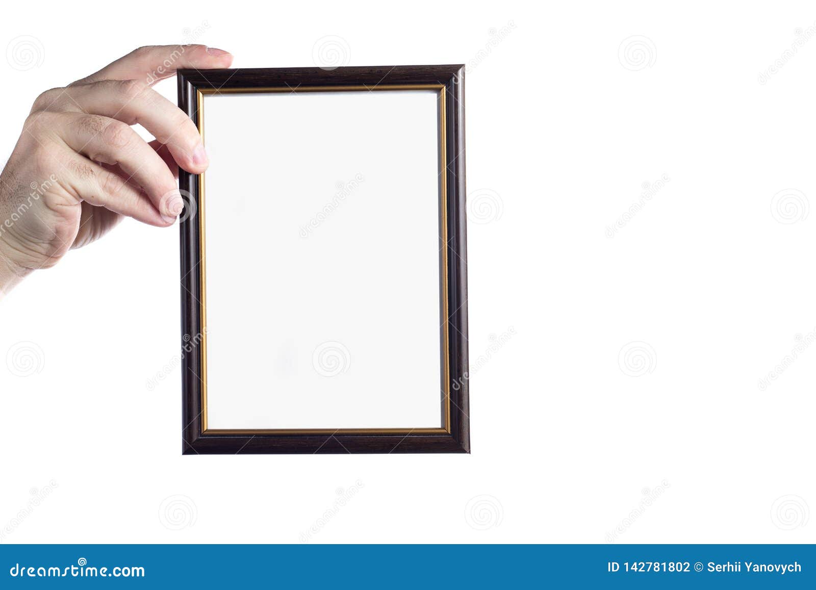 Hand Holding Picture Frame Isolated on White Background Stock Photo