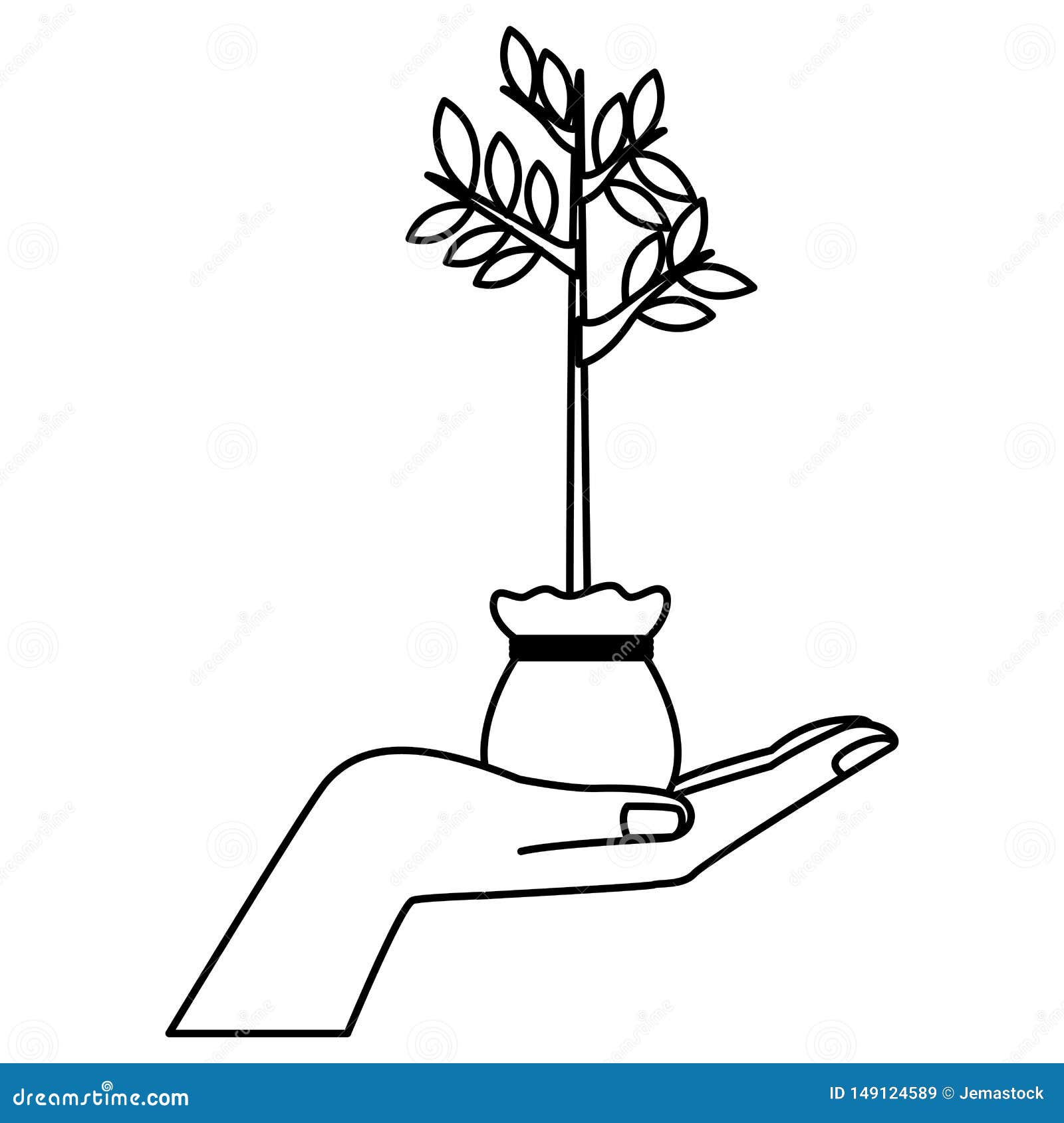 Hand Holding a Plant in a Grow Bag Black and White Stock Vector ...