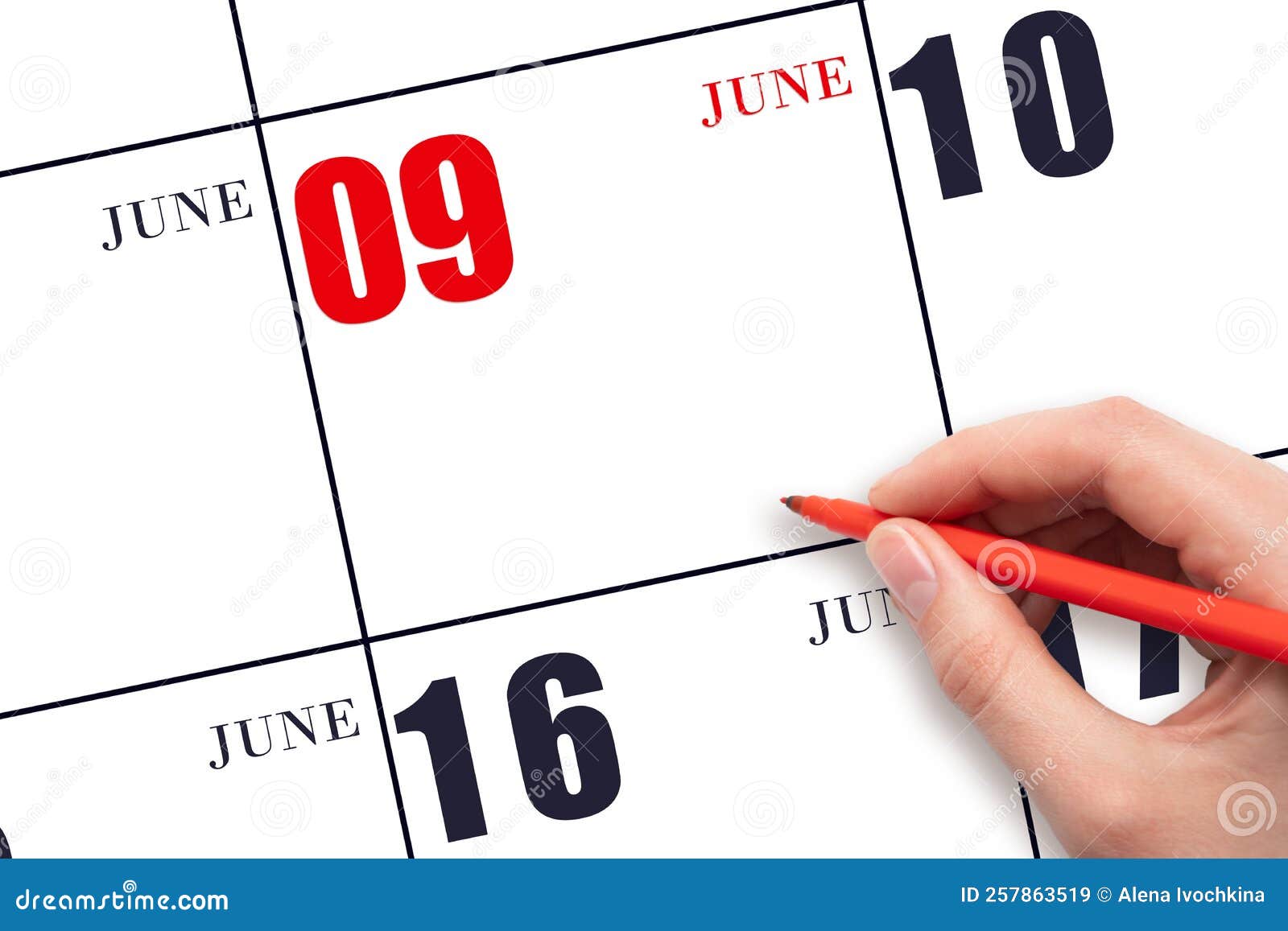 A Hand Holding a Red Pen and Pointing on the Calendar Date June 9. Red