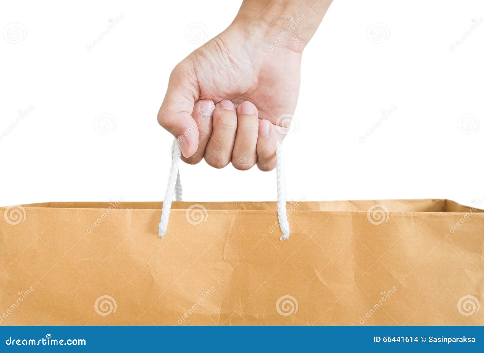 Hand Holding Reuse Paper Bag, Isolated on White Background Stock Photo