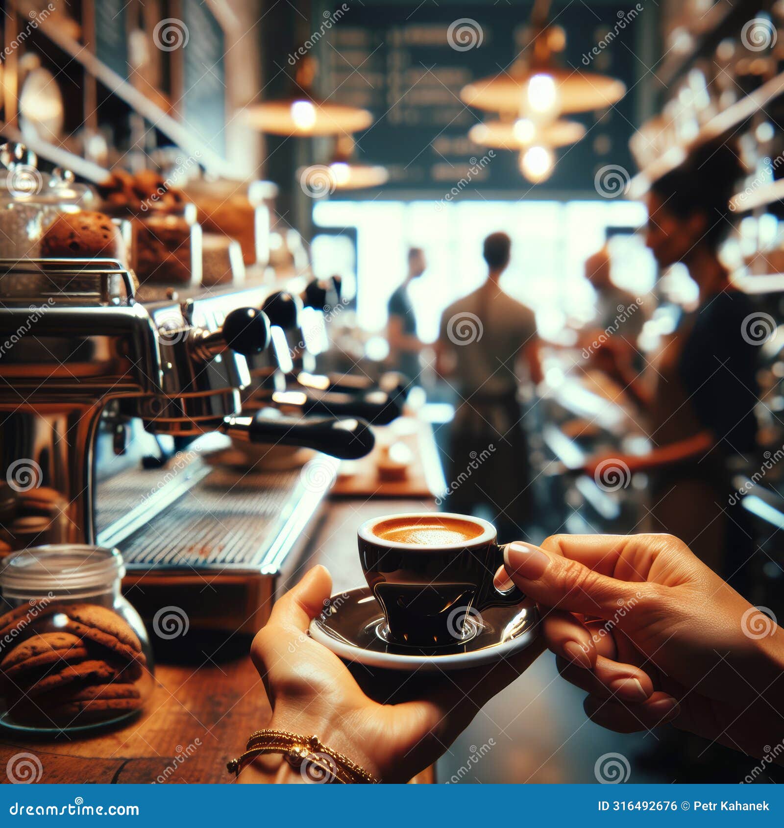 hand holding a ristretto with cafe backdrop slightly blurred. ai generated.