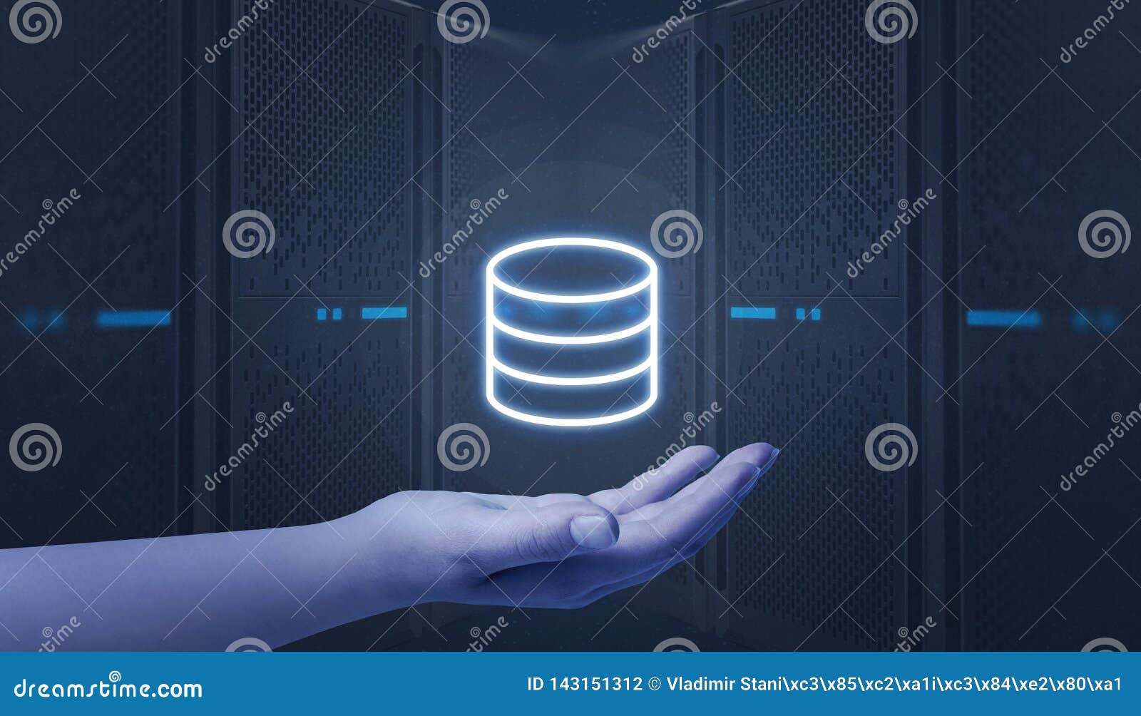 hand holding server, data center icon. web hosting servers in background