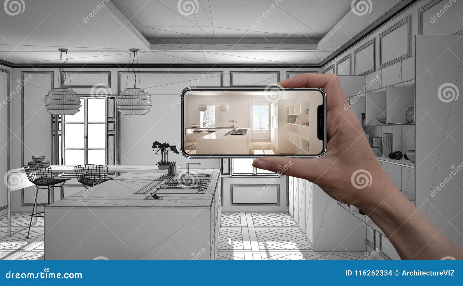 hand holding smart phone, ar application, simulate furniture and interior  products in real home, architect er concept