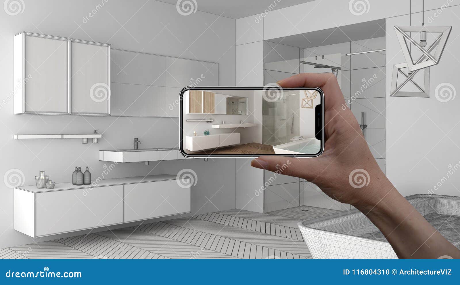 hand holding smart phone, ar application, simulate furniture and interior  products in real home, architect er concept