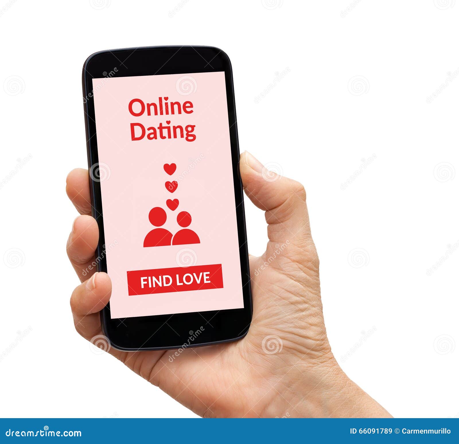 hand holding smart phone with online dating app mock up on scree