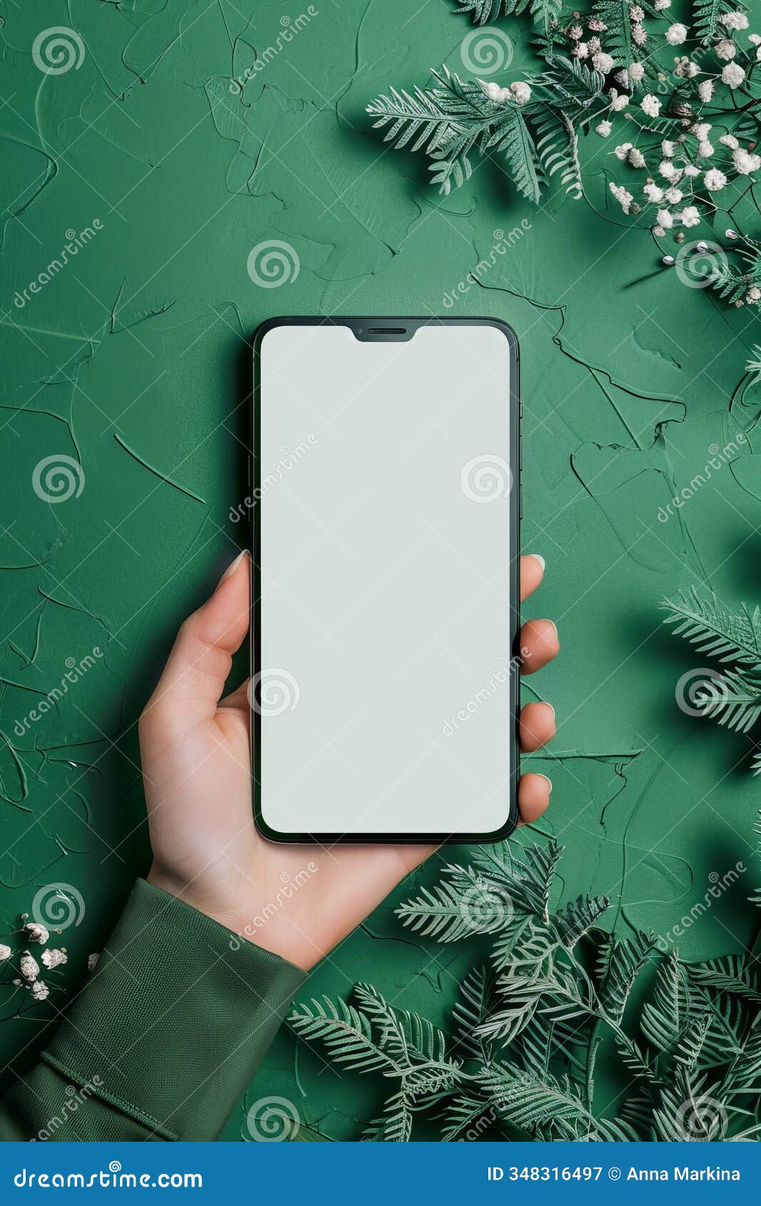 hand holding smartphon mockup green backgrounds handheld aerial view minimalist outlines large-scale captivating.