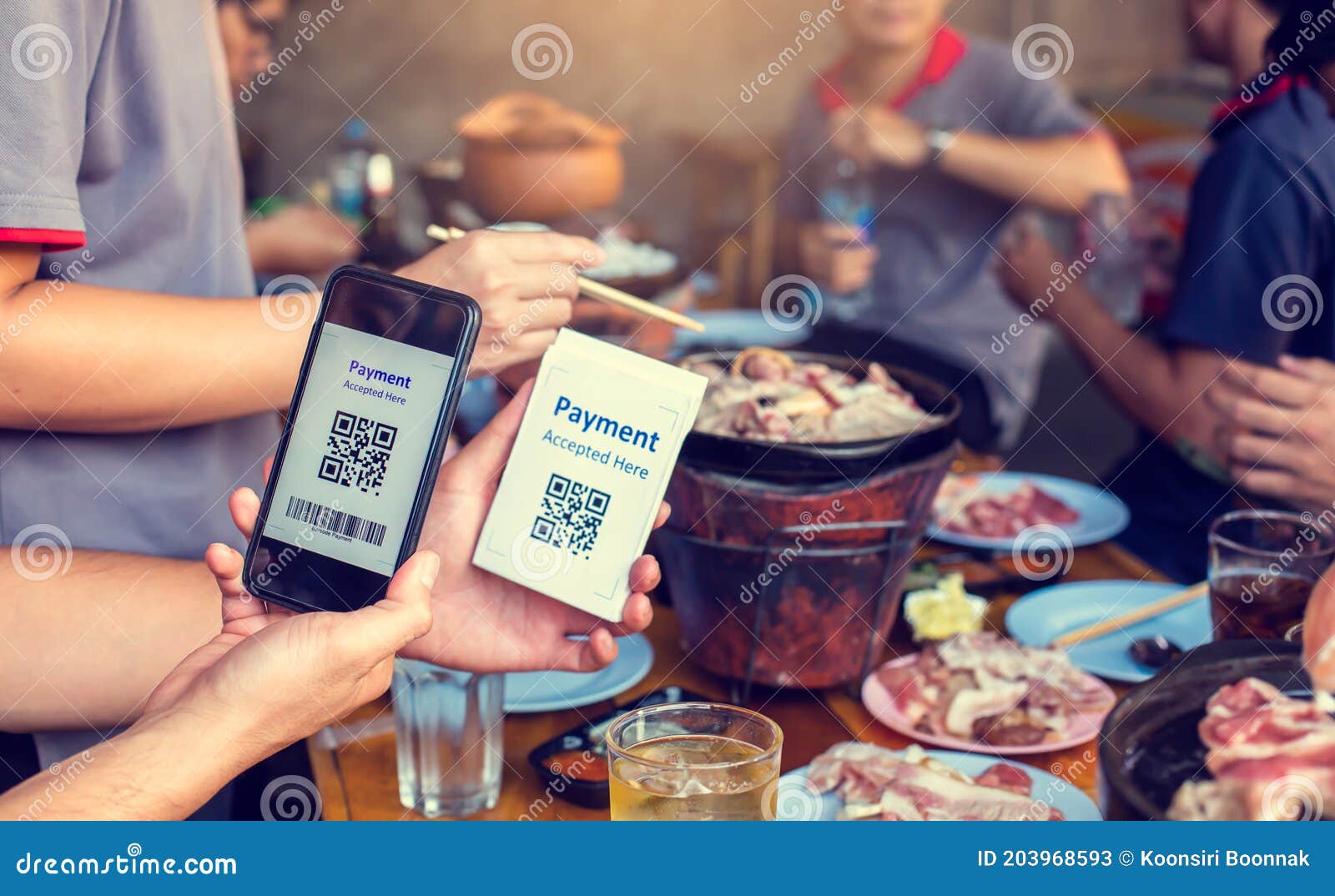 Holding Smartphone To Qr Code Payment Tag with Blurry Grilled Pork and Meat on the Stove, Thai Food Payment Tag Stock Image - Image of cook, barbecue: 203968593