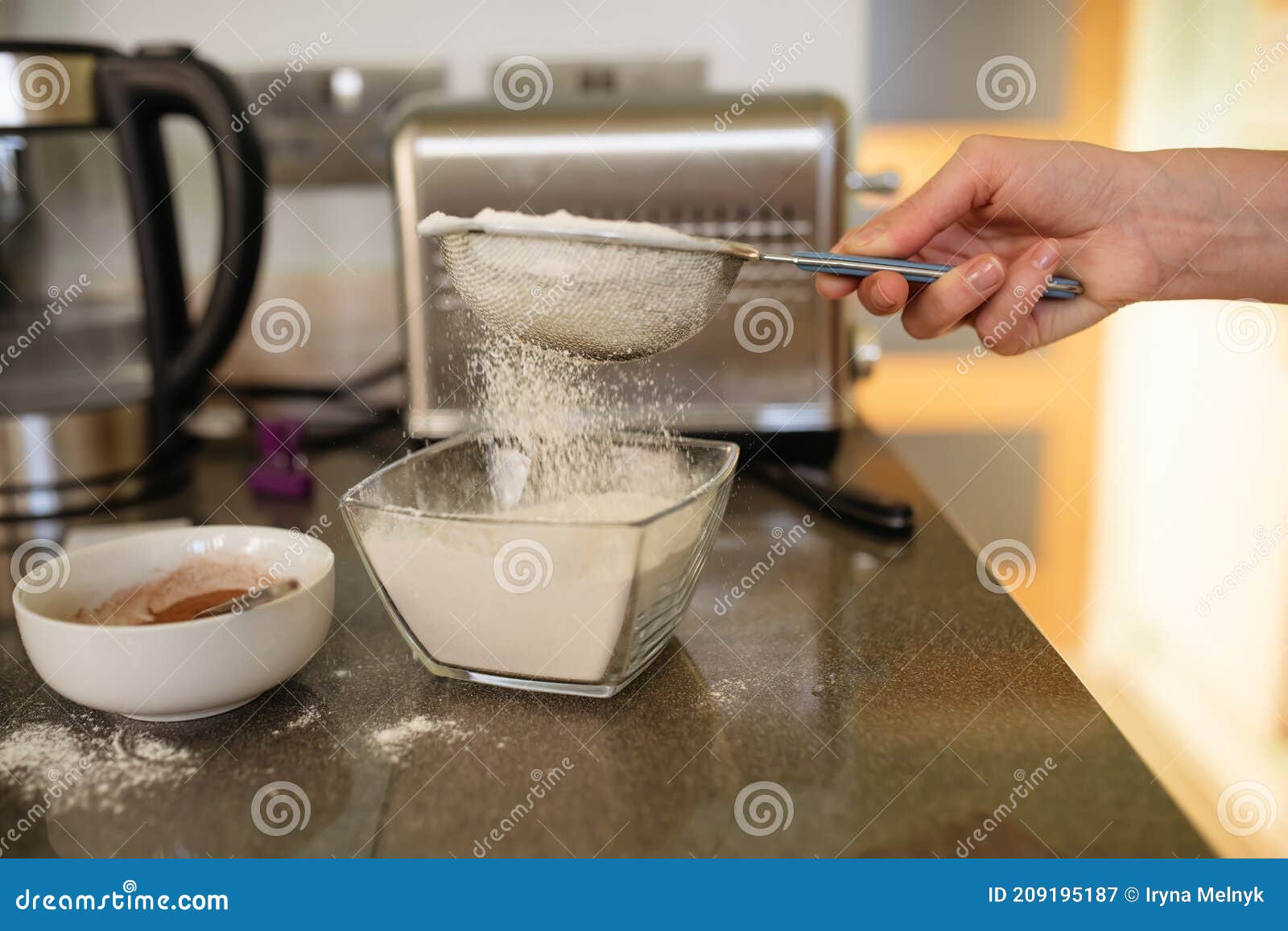 Hand Holding Strainer and Sifting Flour Stock Image Image of