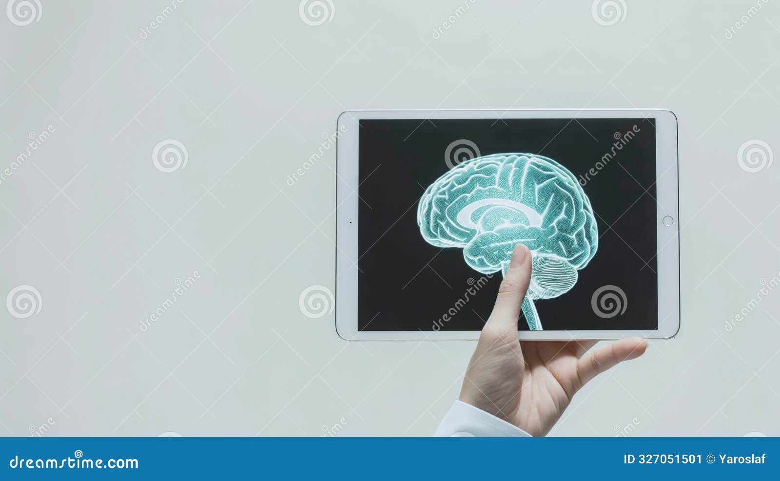 hand holding a tablet displaying a glowing digital brain on a black screen. concept of artificial intelligence, digital