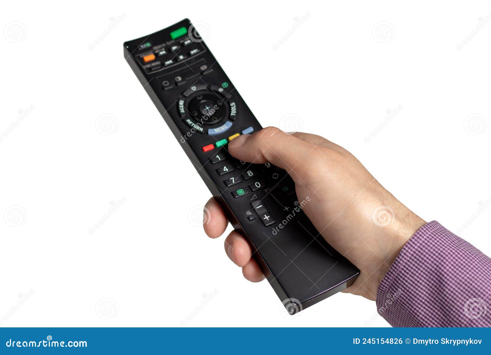 Hand Holding Television and Audio Remote Control Isolate on White