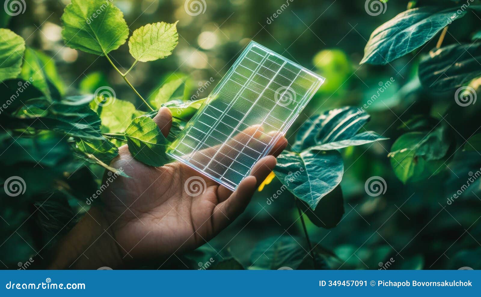 hand holding transparent solar cell among green leaves
