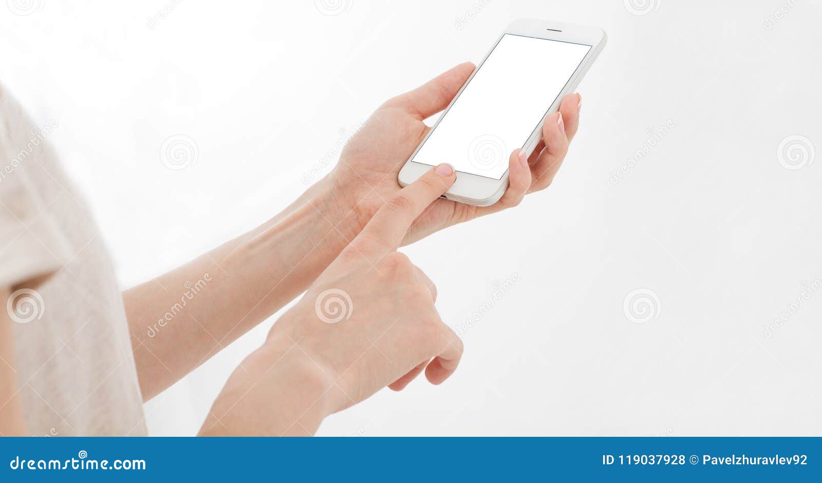 hand holding white phone on white clipping path inside.