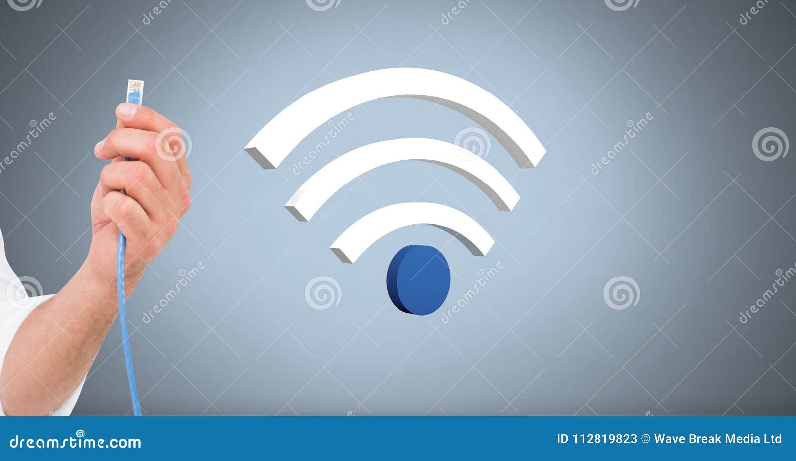 hand holding wire connection with wi-fi icon