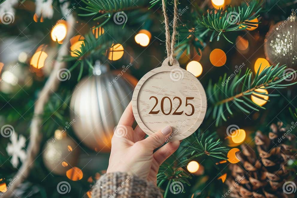 Hand Holding Wooden 2025 Ornament Against Festive Christmas Tree Background Stock Illustration