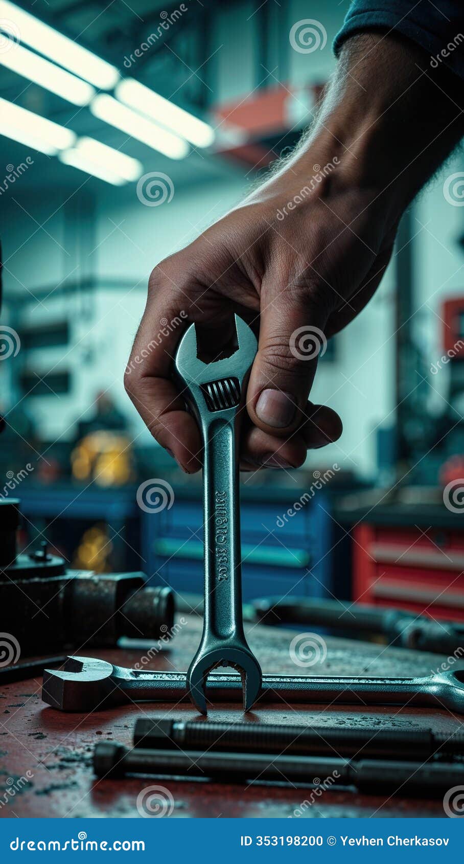 hand holding a wrench in a workshop setting