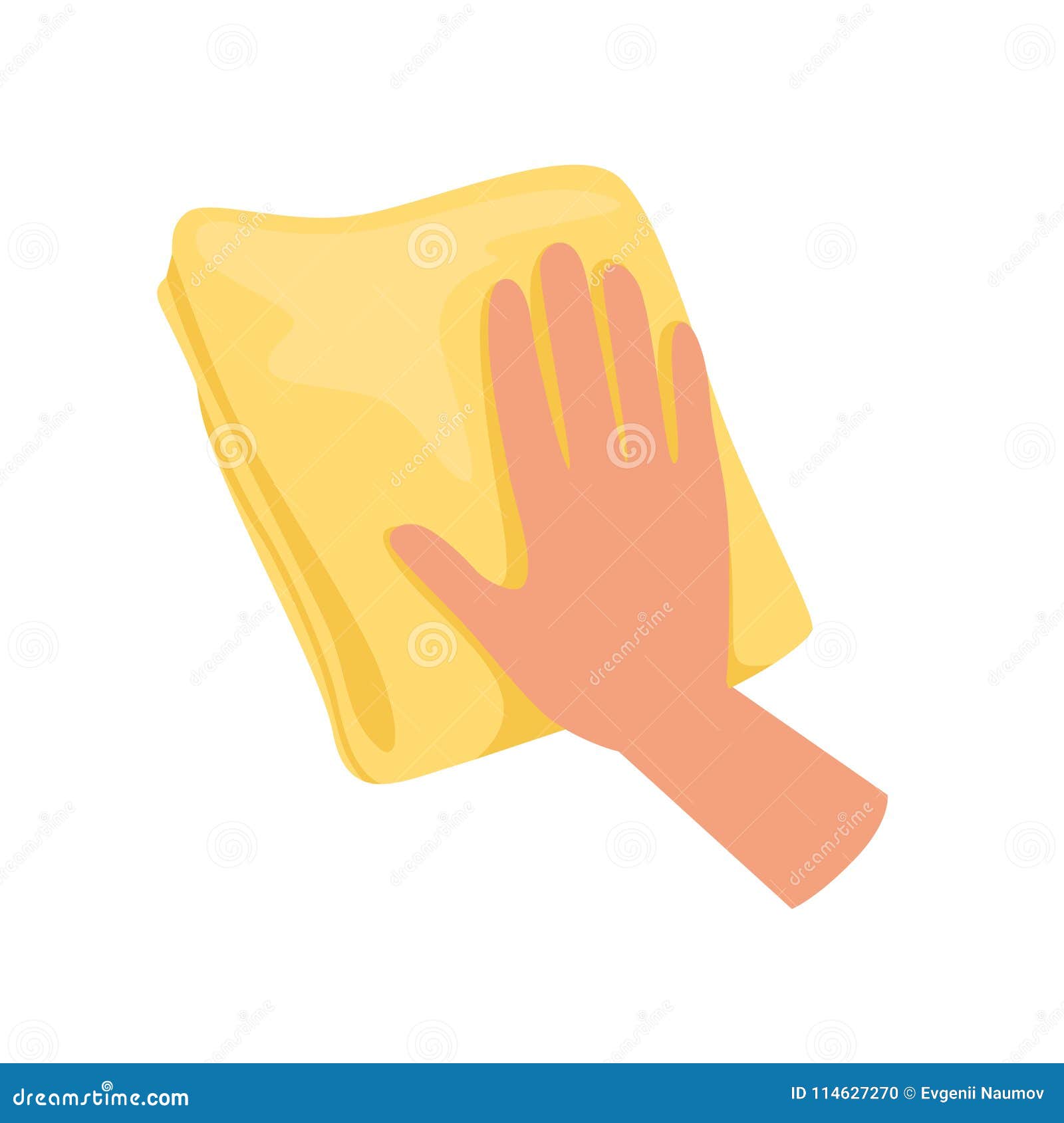 hand holding yellow rag, human hand with tool for cleaning, housework concept   on a white background