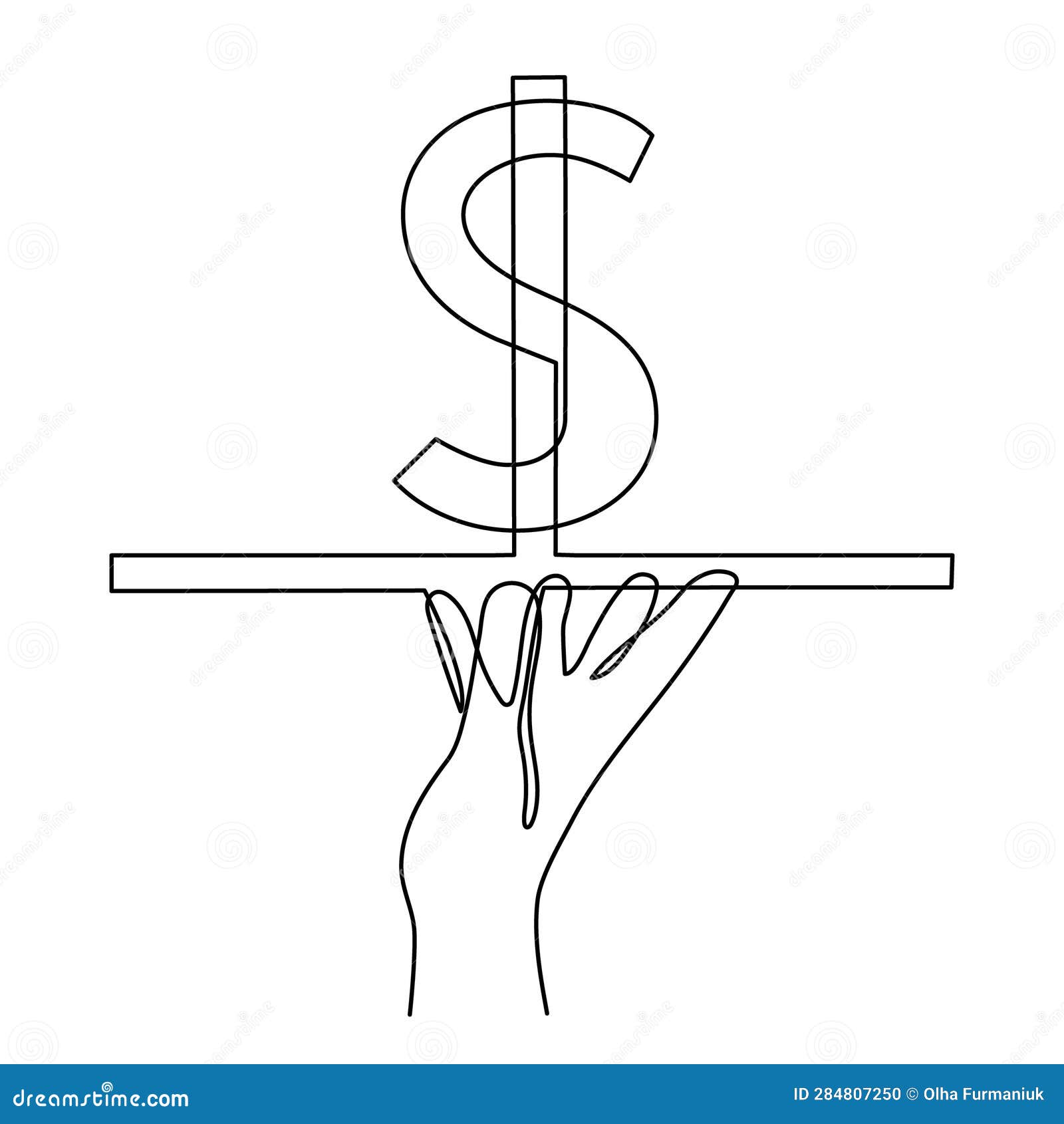 hand holds dollar sign on tray,one line art,continuous contour drawing, hand-drawn line icon for business.financial valuta sign,