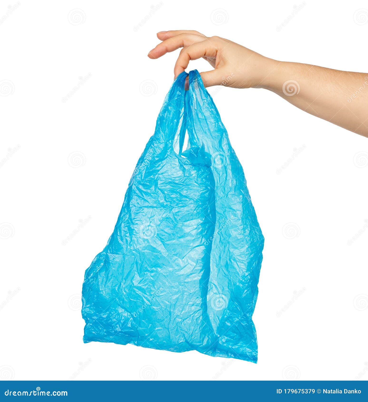 Hand Holds an Empty Blue Plastic Bag on a White Background, Concept of