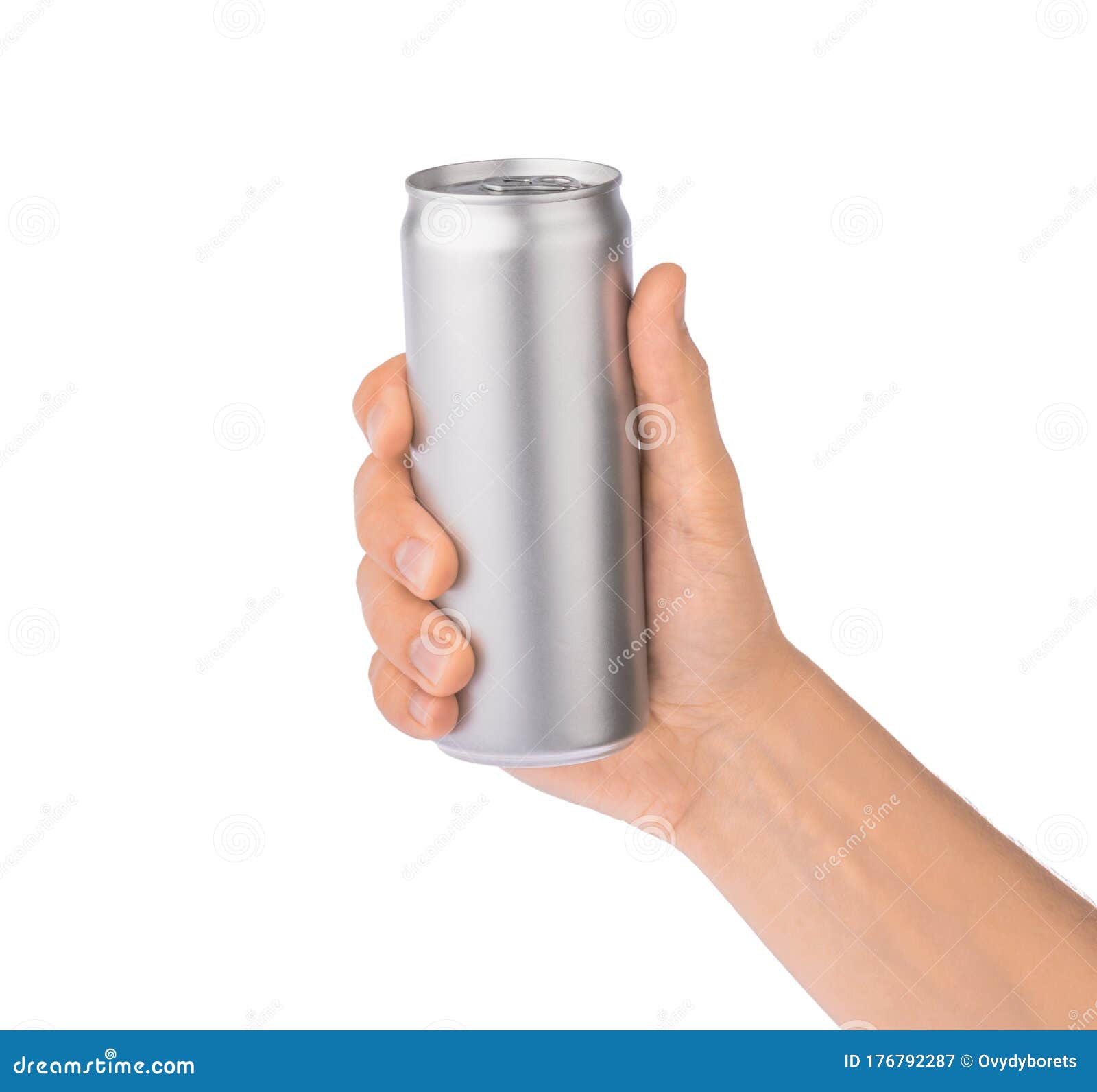 hand holds metal beverage drink can  on white