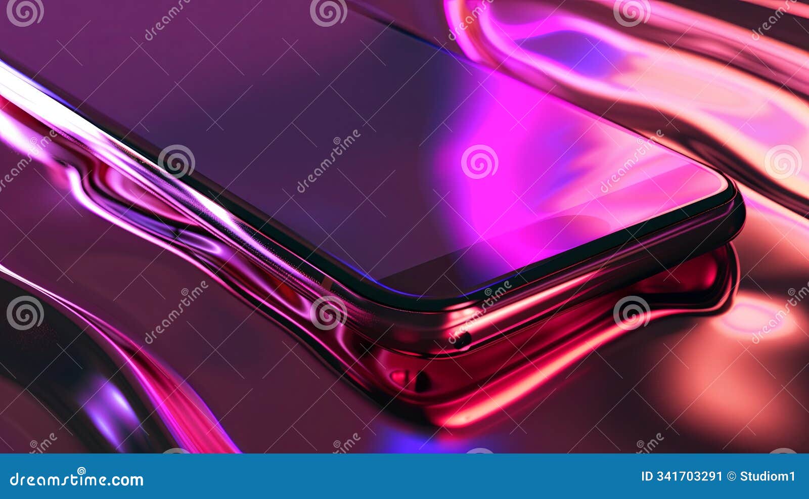 the hand holds a realistic cell phone with a bright screen saver on the background in the same color scheme. smartphone layout