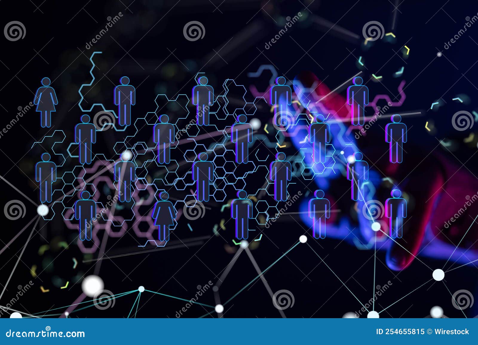 Hand Interacting with an Abstract Technology Group and Data 3d Render