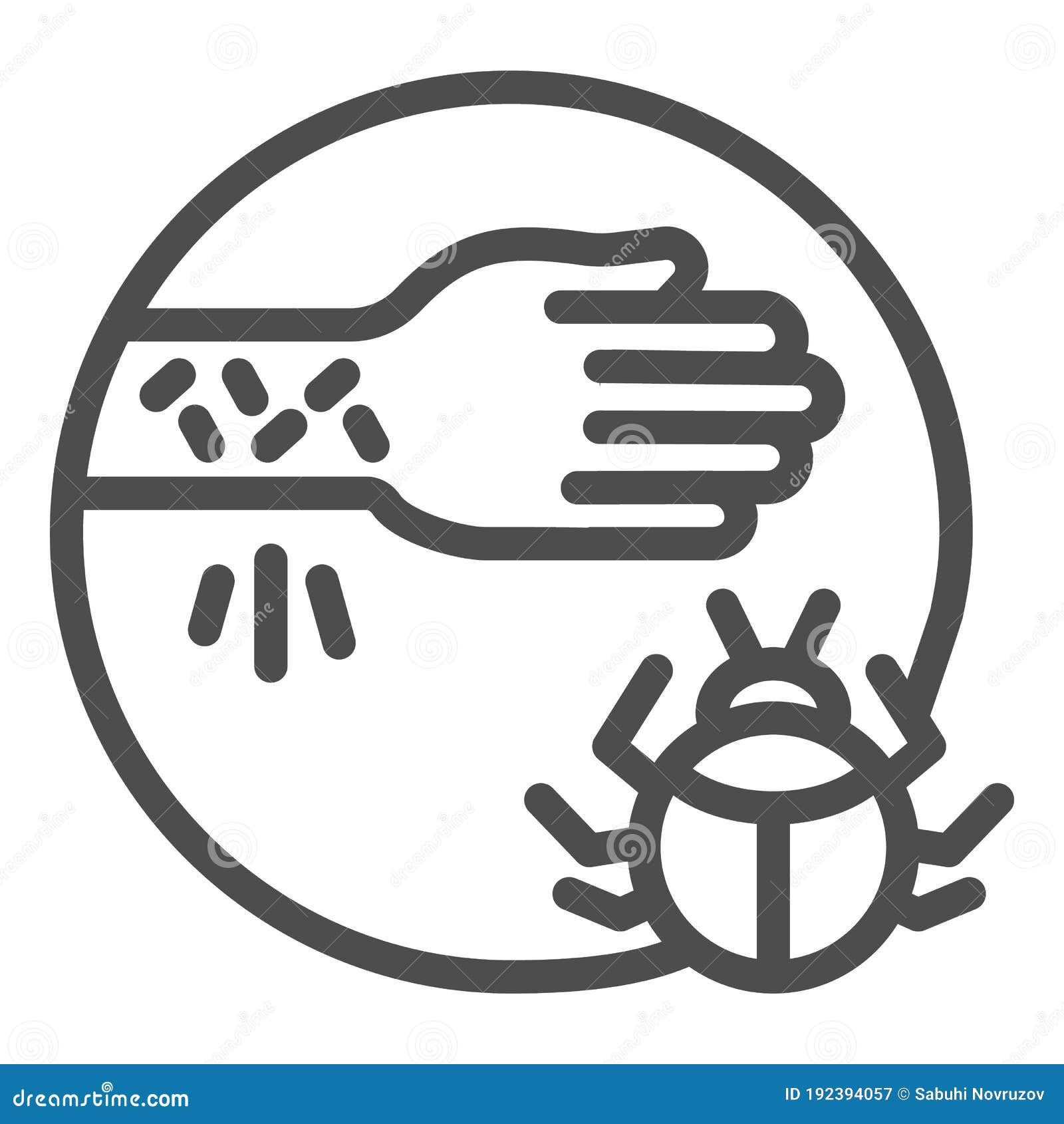 hand with irritate skin and beetle line icon, allergy symptoms concept, allergy to beetles sign on white background