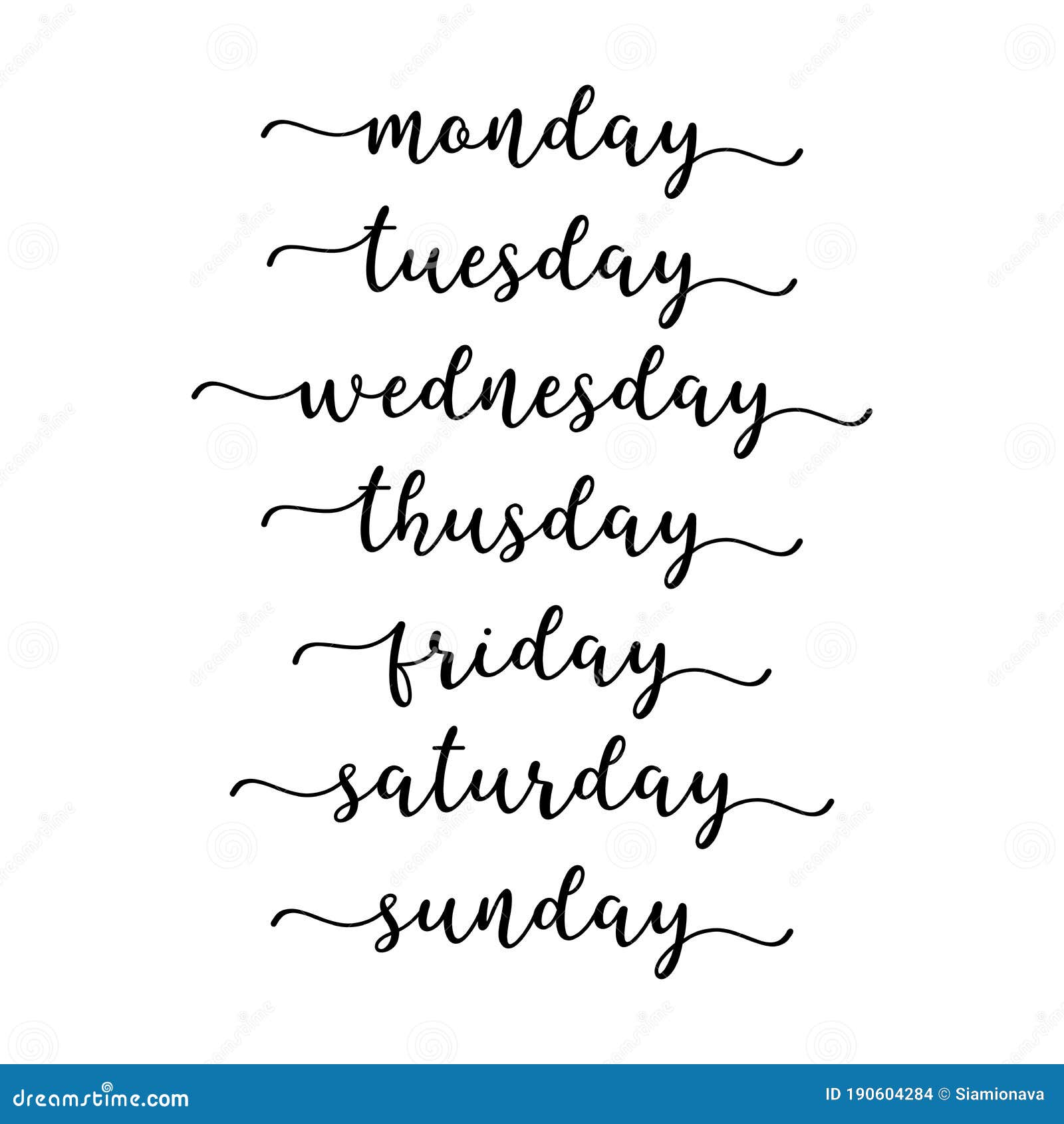 Vetor de Handwritten days of the week monday, tuesday, wednesday, thursday,  friday, saturday, sunday calligraphy.Lettering typography. do Stock