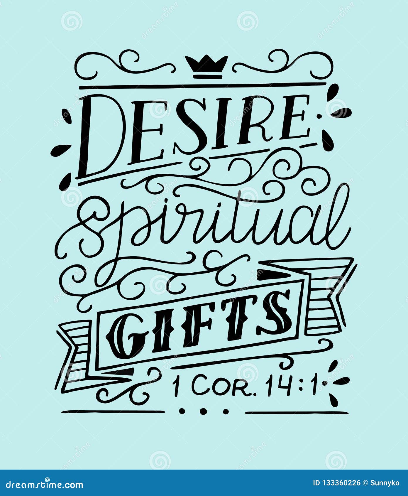 Hand Lettering with Bible Verse Desire Spiritual Gifts on Blue
