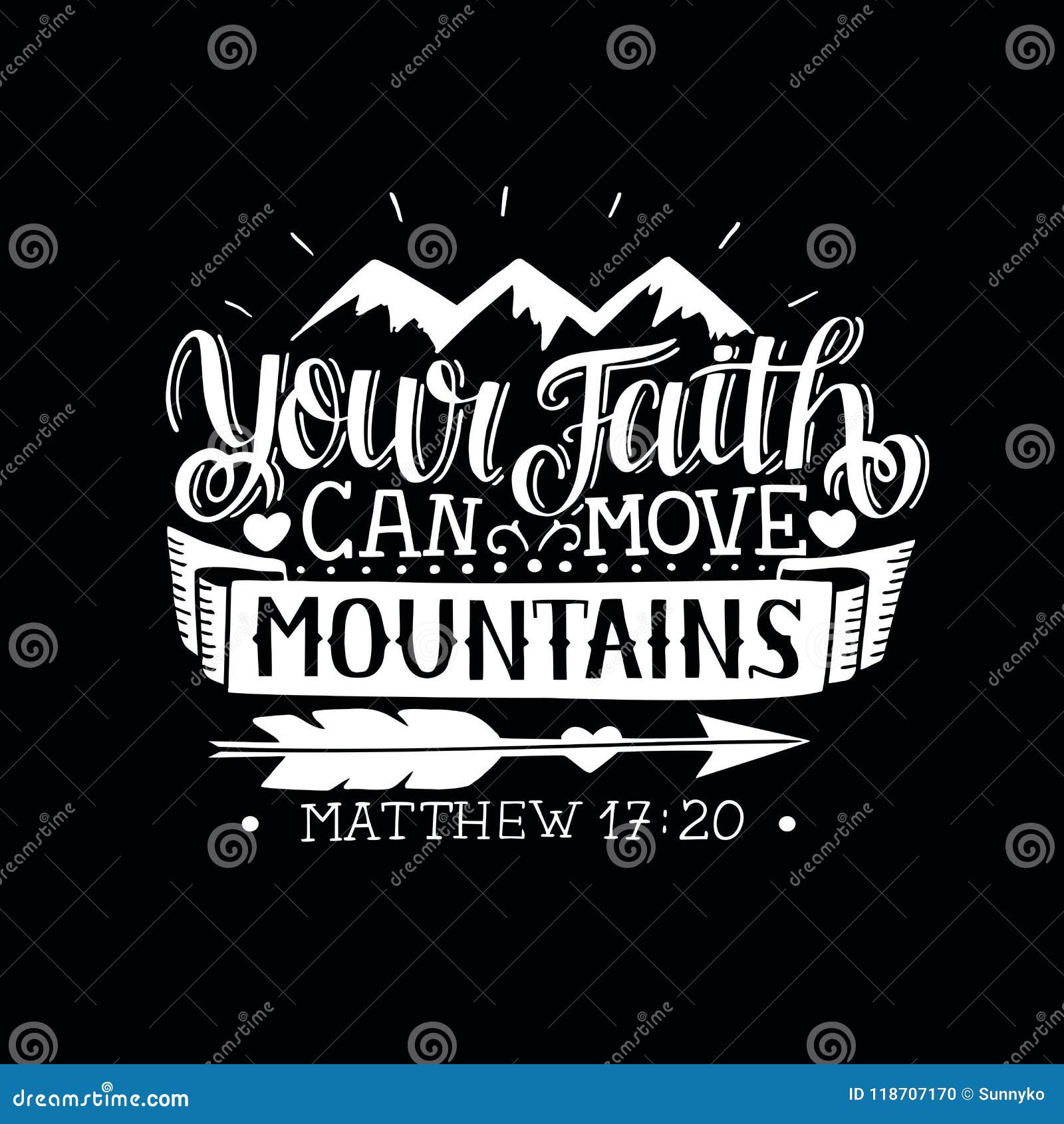 hand lettering with bible verse your faith can move mountains on black background.