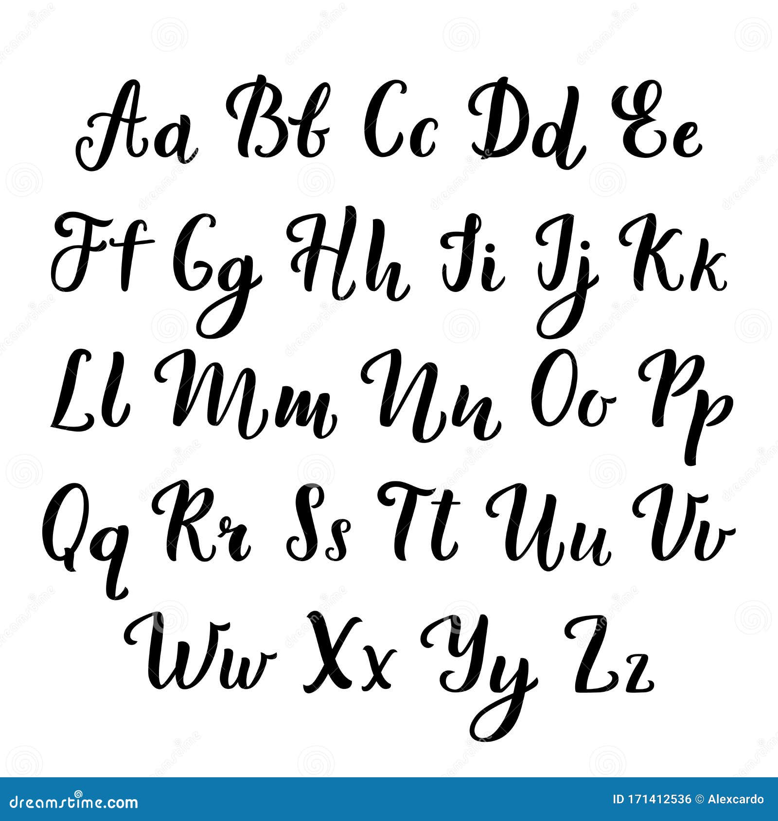 Hand Lettering. Calligraphic Alphabet Script Letters Black Ink Brush