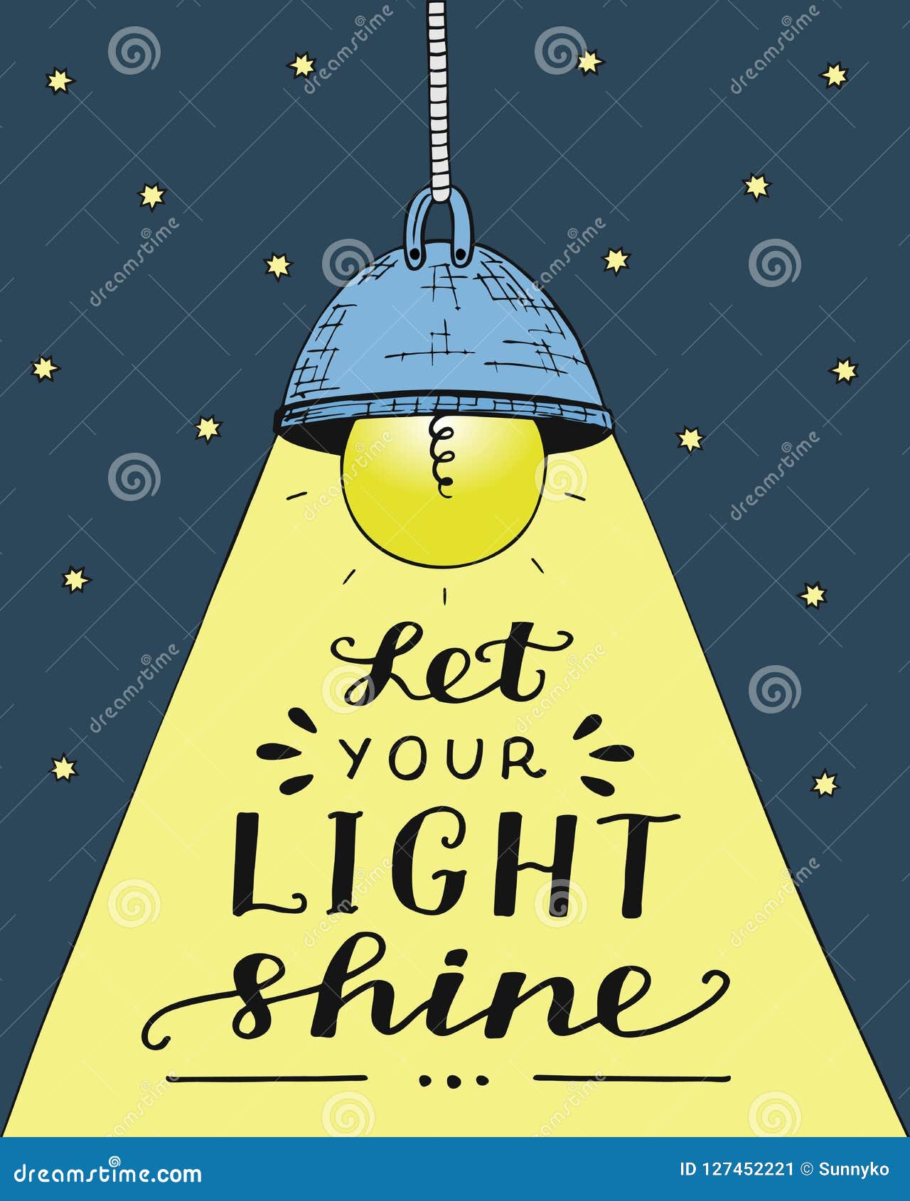 hand lettering let your light shine, made with glowing light bulb.