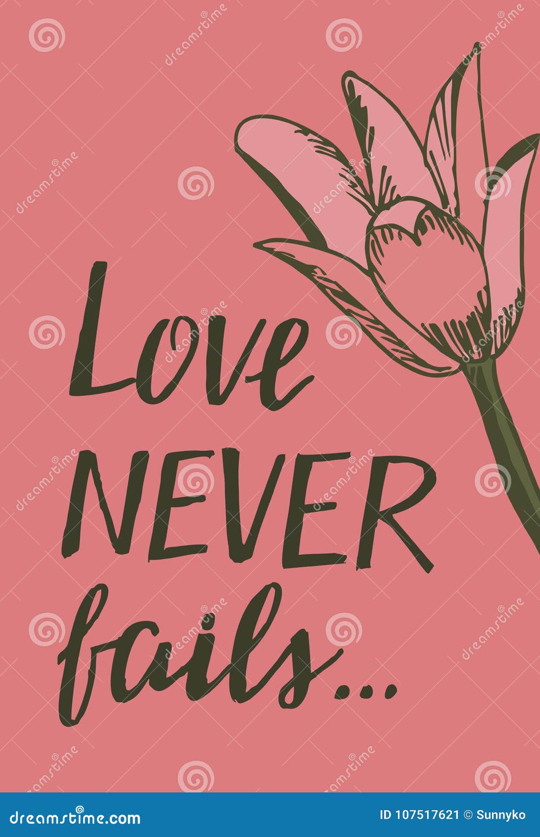 hand lettering love never fails with pink lily.