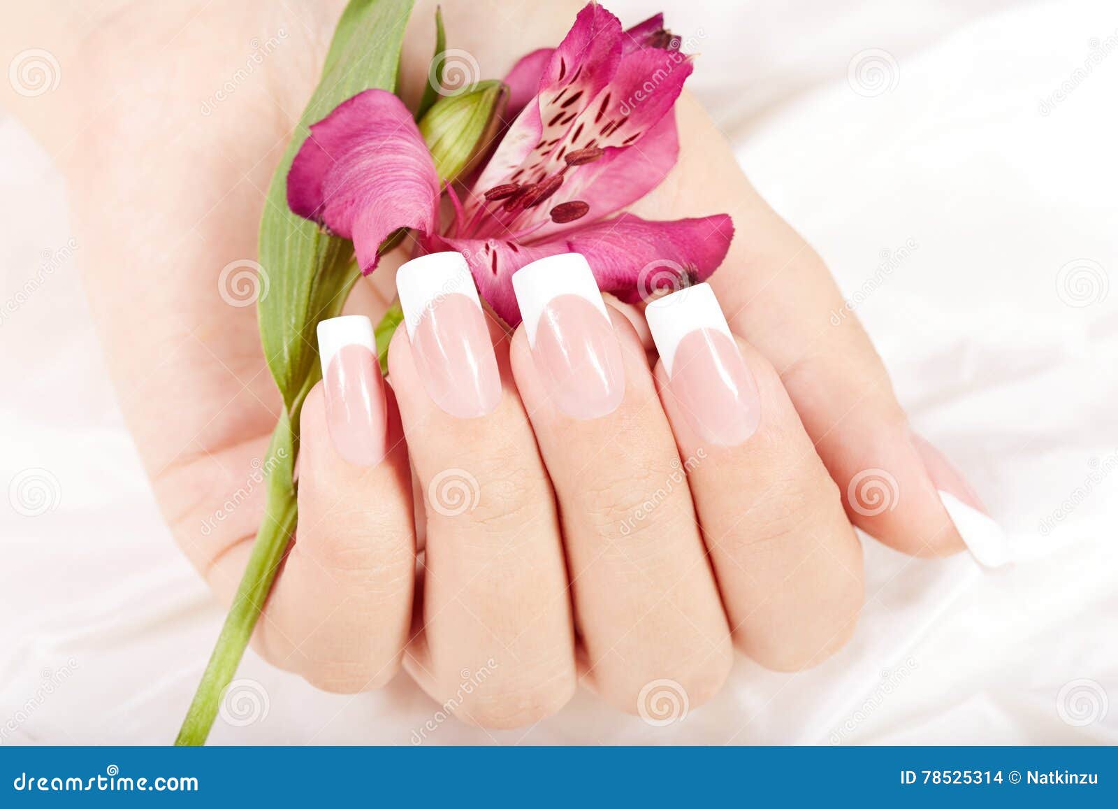 hand with long artificial french manicured nails and lily flower