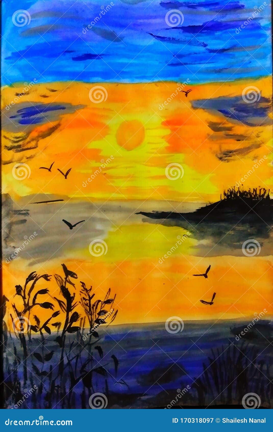 Beautiful Sunrise On Waterfront Sketch Stock Illustration Illustration Of Hill Color