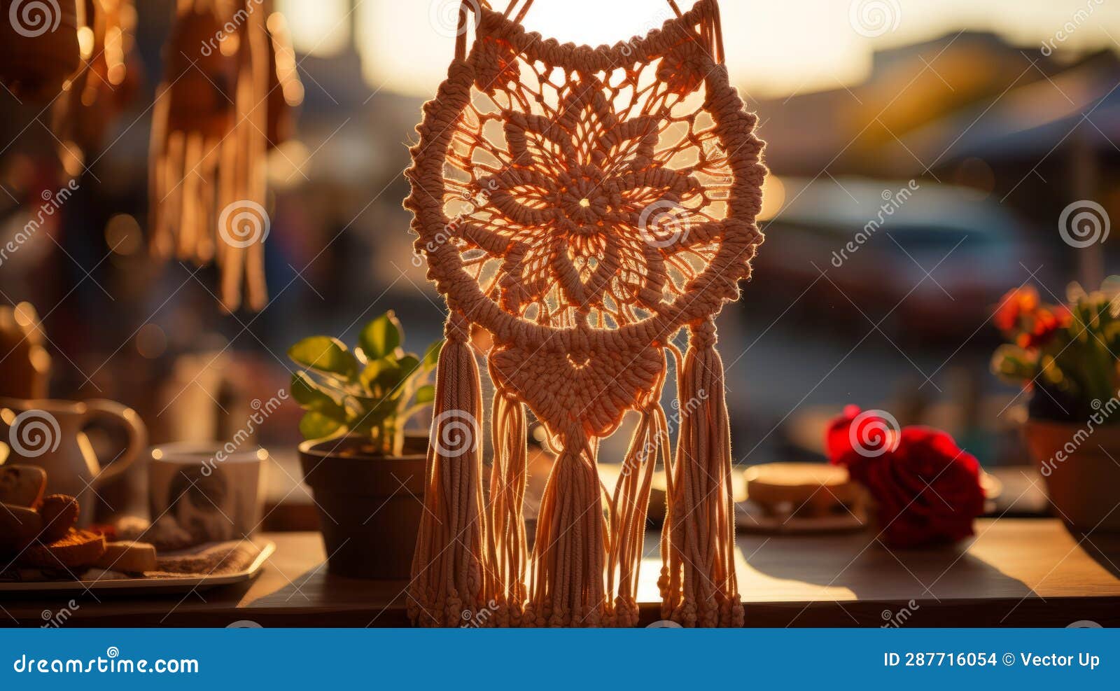 Hand Made Macrame Art Decoration at Cozy Home Interior. Generative AI