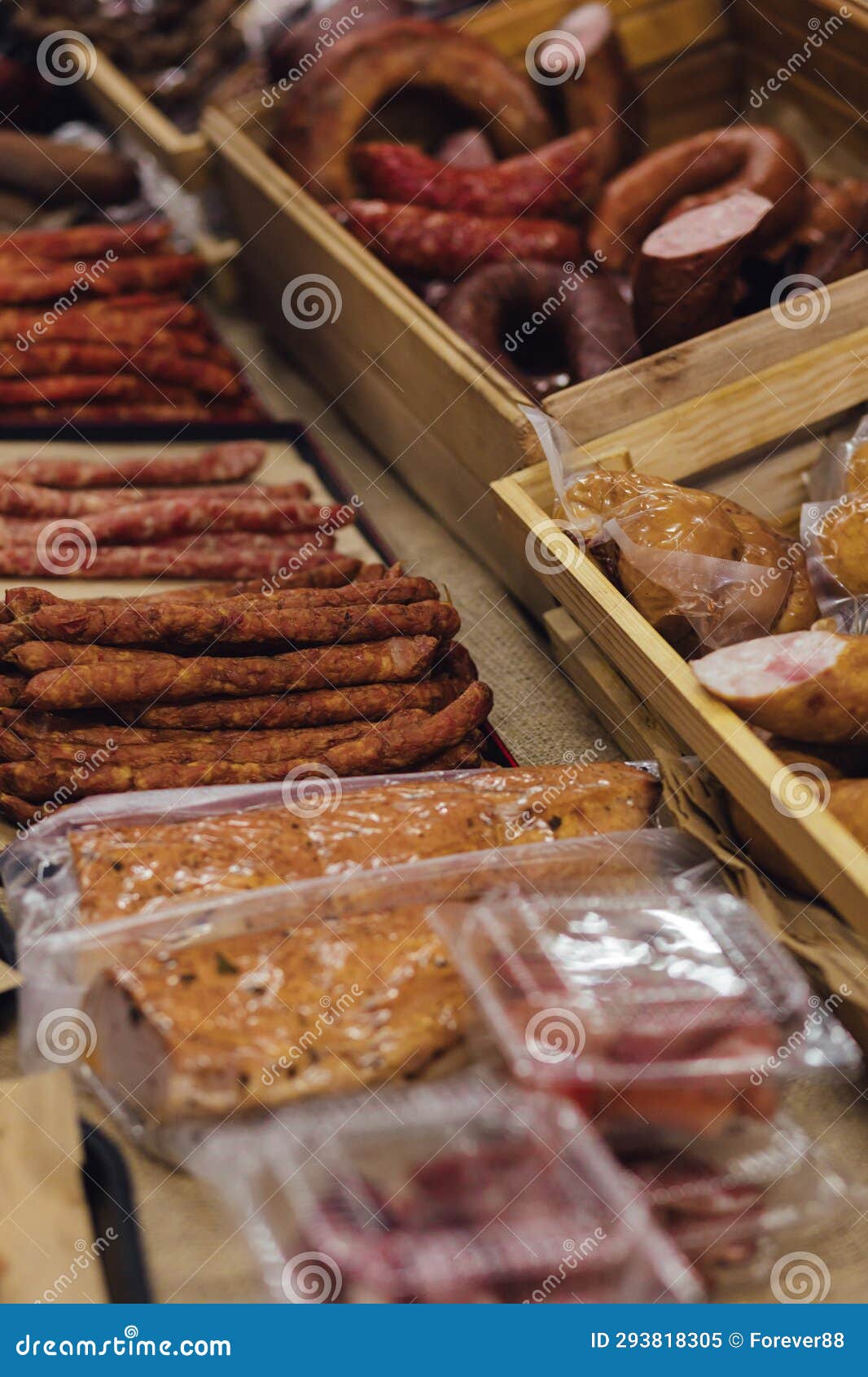 Hand Made Smoked Meat Products Display Meats Cold Cuts And Sausages