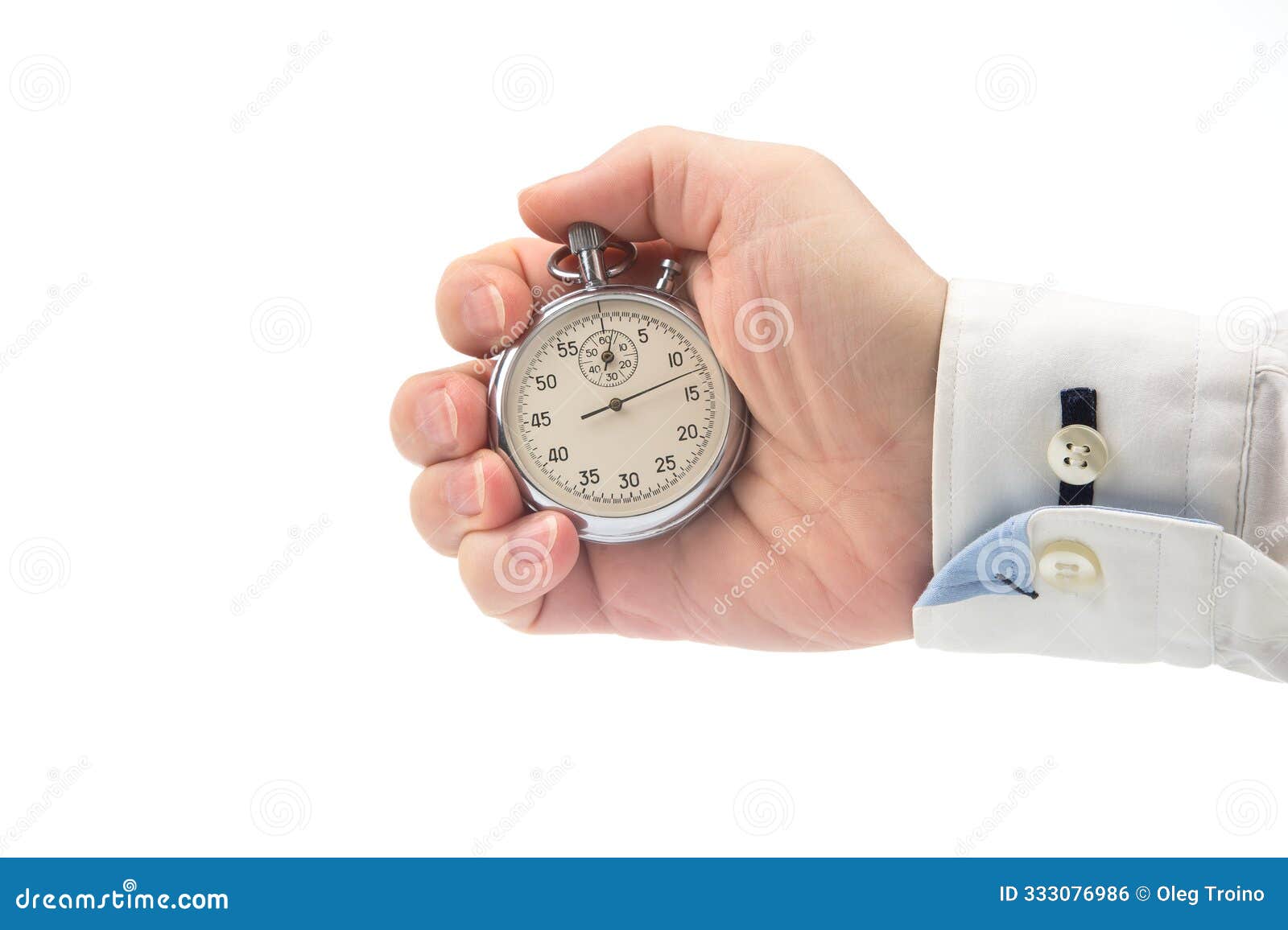 hand with a mechanical analog stopwatch on a white background. time part precision. measurement of the speed interval
