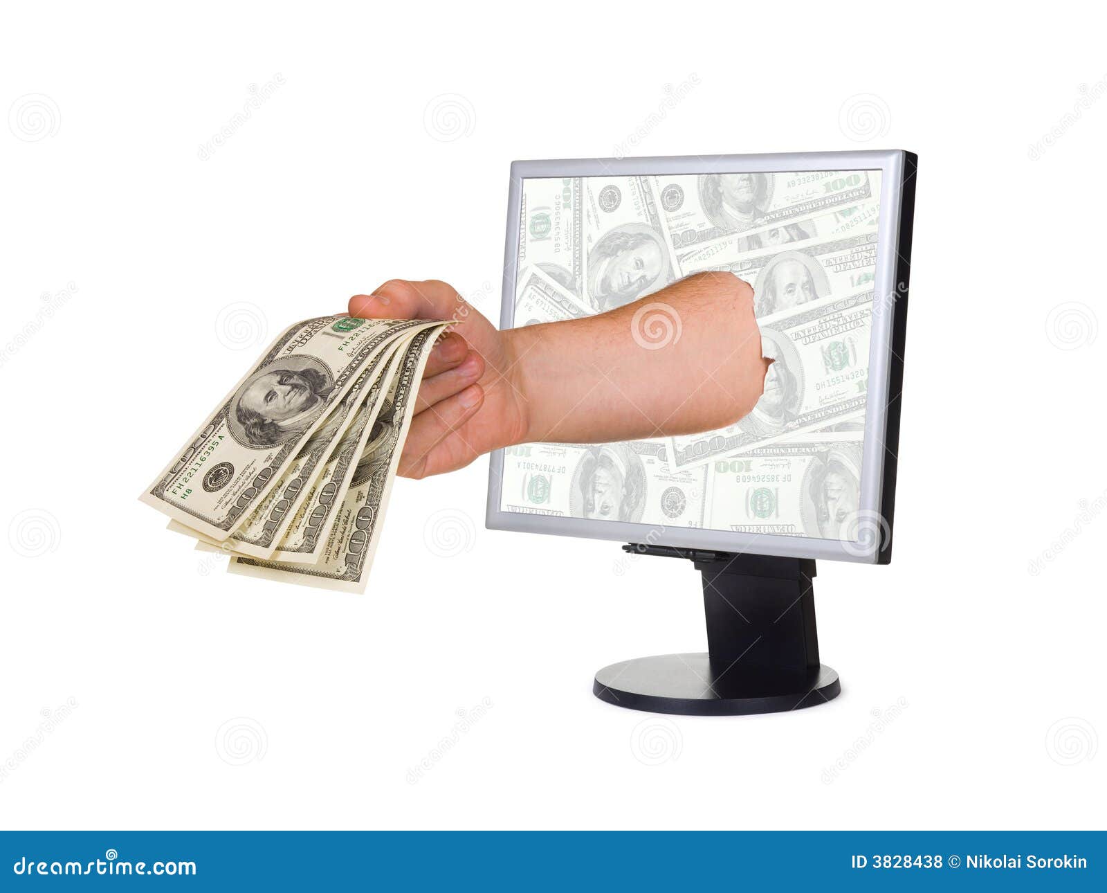 Hand with money and computer monitor, isolated on white background