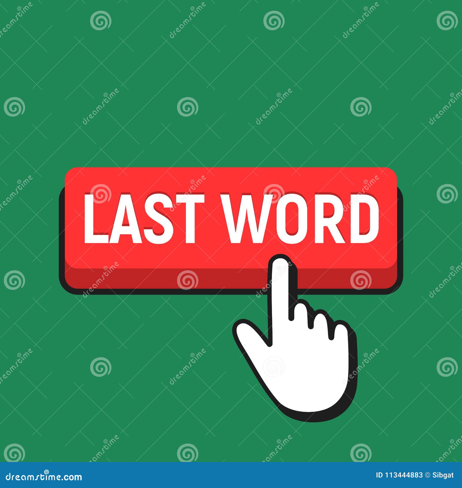 Hand Mouse Cursor Clicks the Last Word Button. Stock Vector