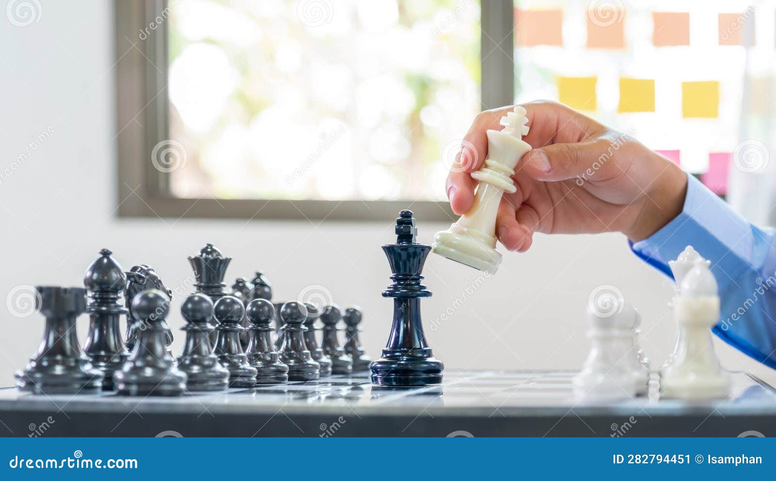 Man playing chess. Play with God or with yourself. Concept - strategy  goals, efforts, plans. Stock Photo