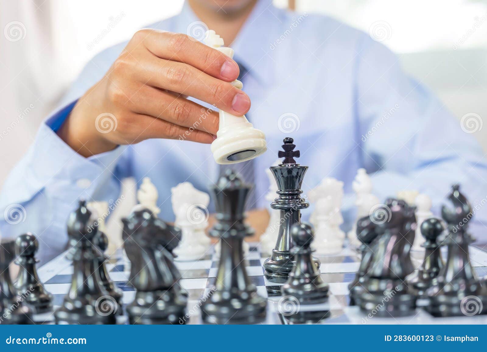 Man playing chess. Play with God or with yourself. Concept - strategy  goals, efforts, plans. Stock Photo