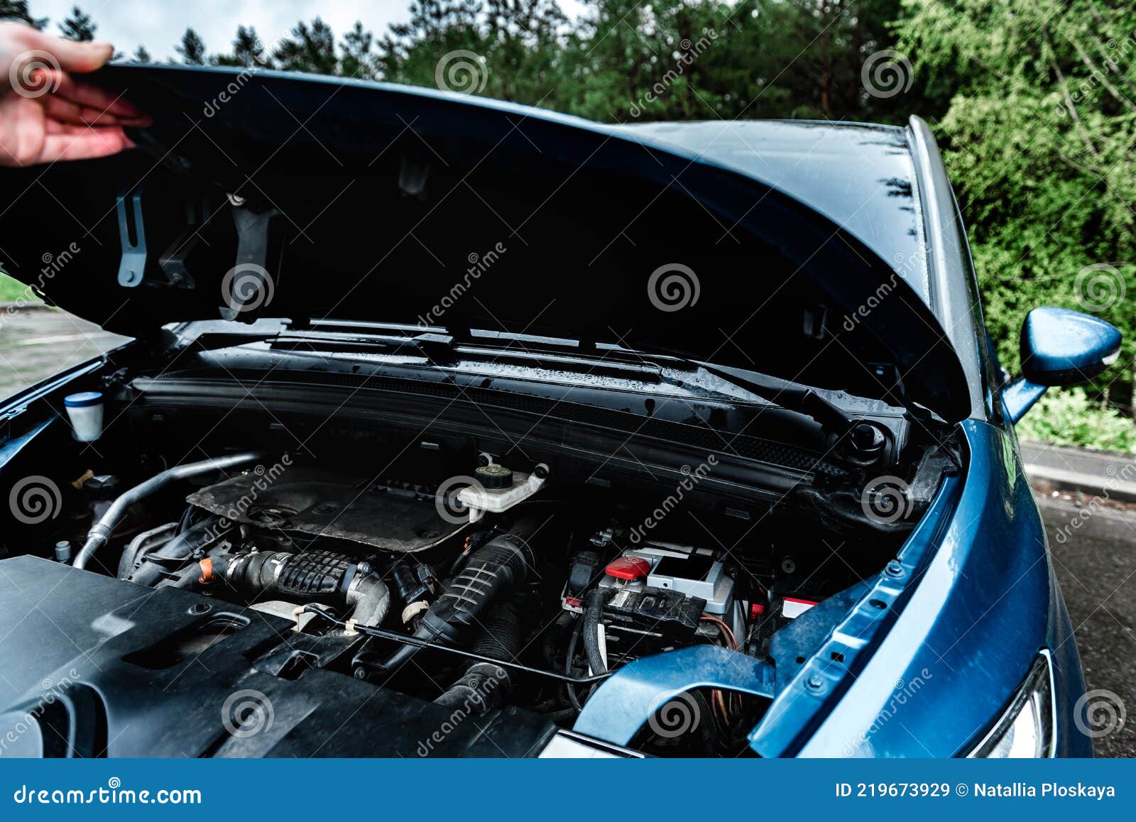 Hand Opening Car Hood in the Rain. Stock Image Image of person, hood
