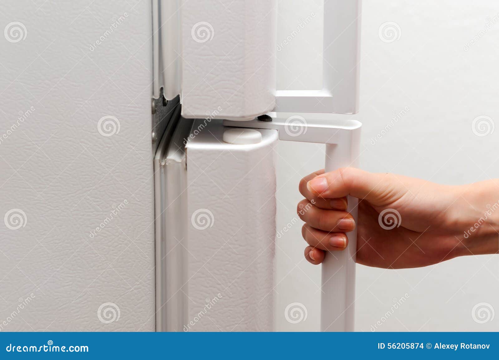Hand opening refrigerator stock photo. Image of woman 56205874
