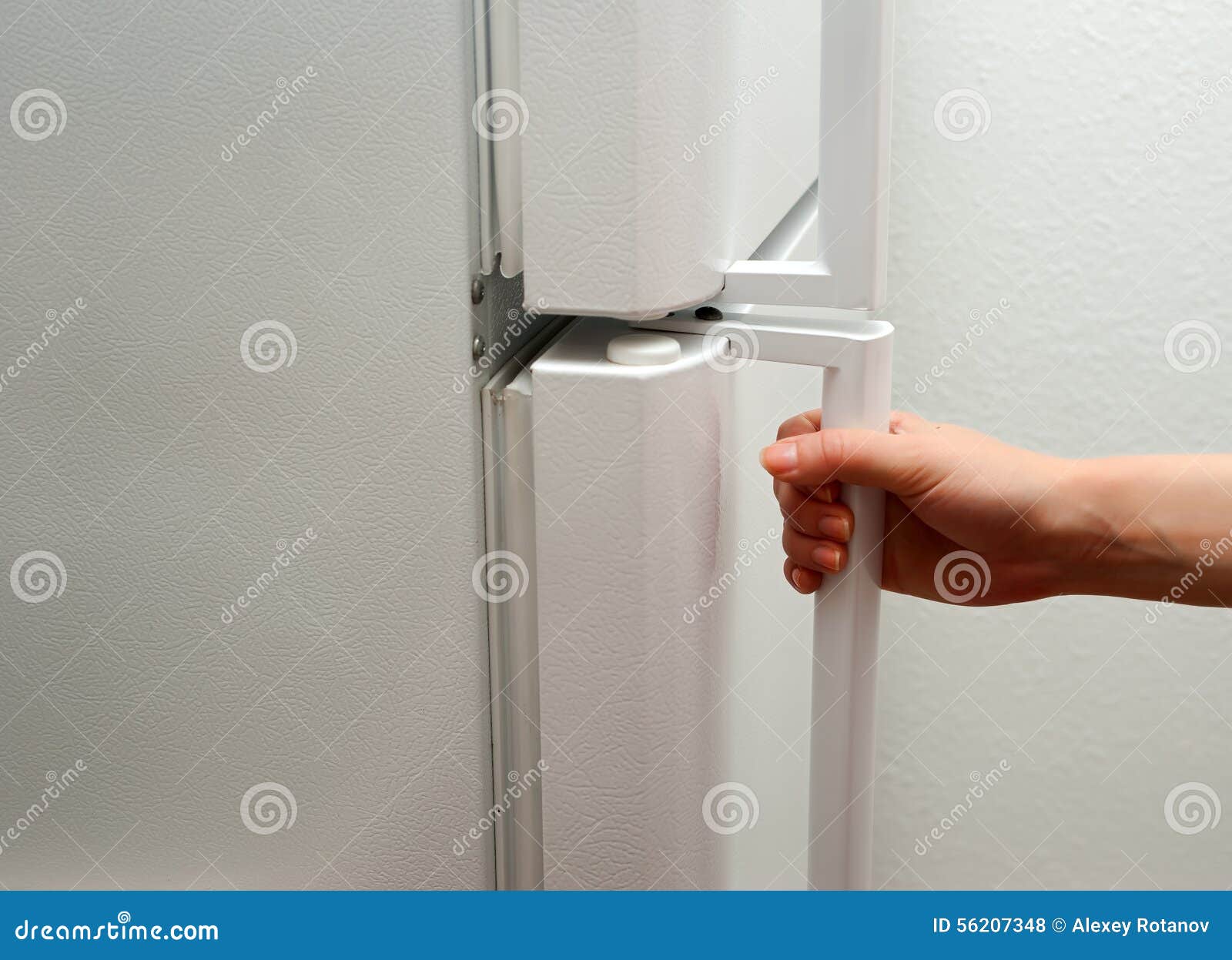 Hand opening refrigerator stock photo. Image of deliver 56207348