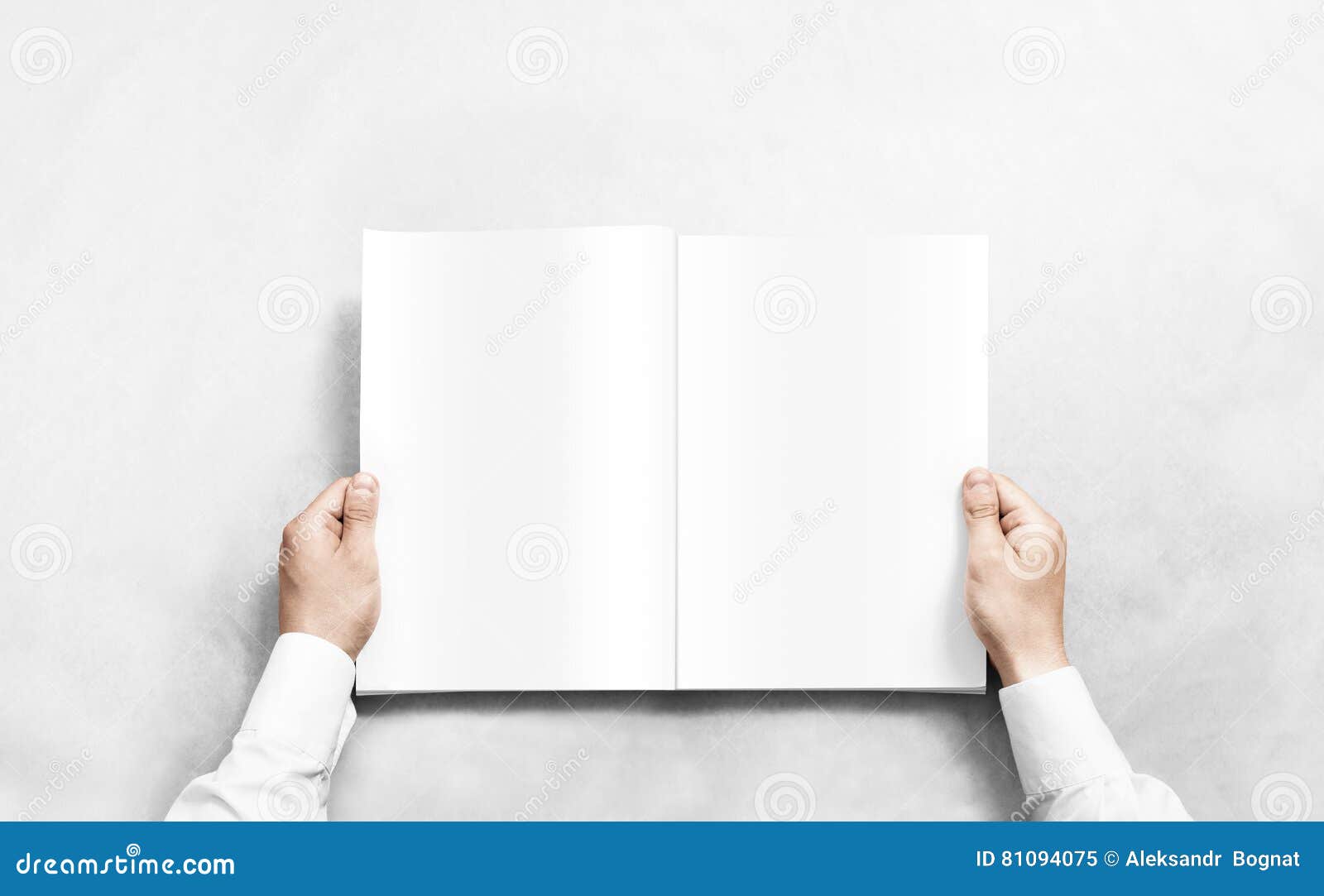 Hand Opening White Journal with Blank Pages Mockup. Stock Image