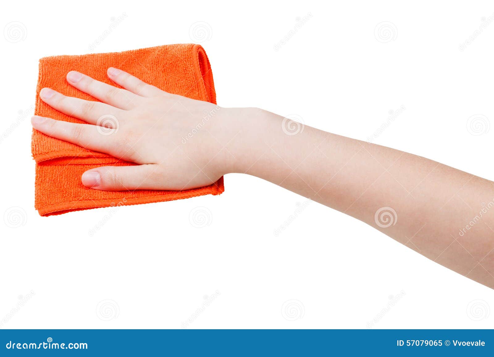Hand with Orange Wiping Rag Isolated on White Stock Image Image of