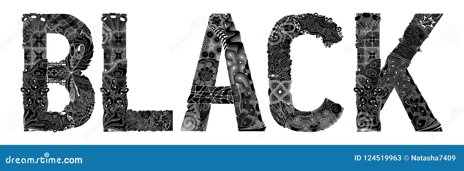 Word BLACK in Black Color. Vector Decorative Zentangle Object Stock