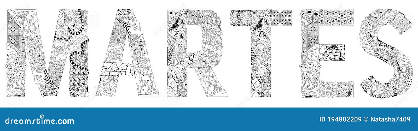 Word MARTES. Tuesday in Spanish. Vector Decorative Zentangle